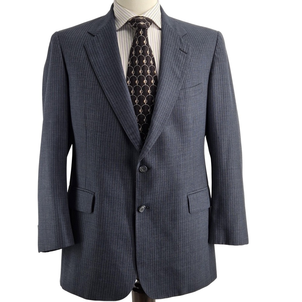 Cricketeer 42R Blue‎ Striped Wool Suit Jacket 2 Button Single-Breasted Mens